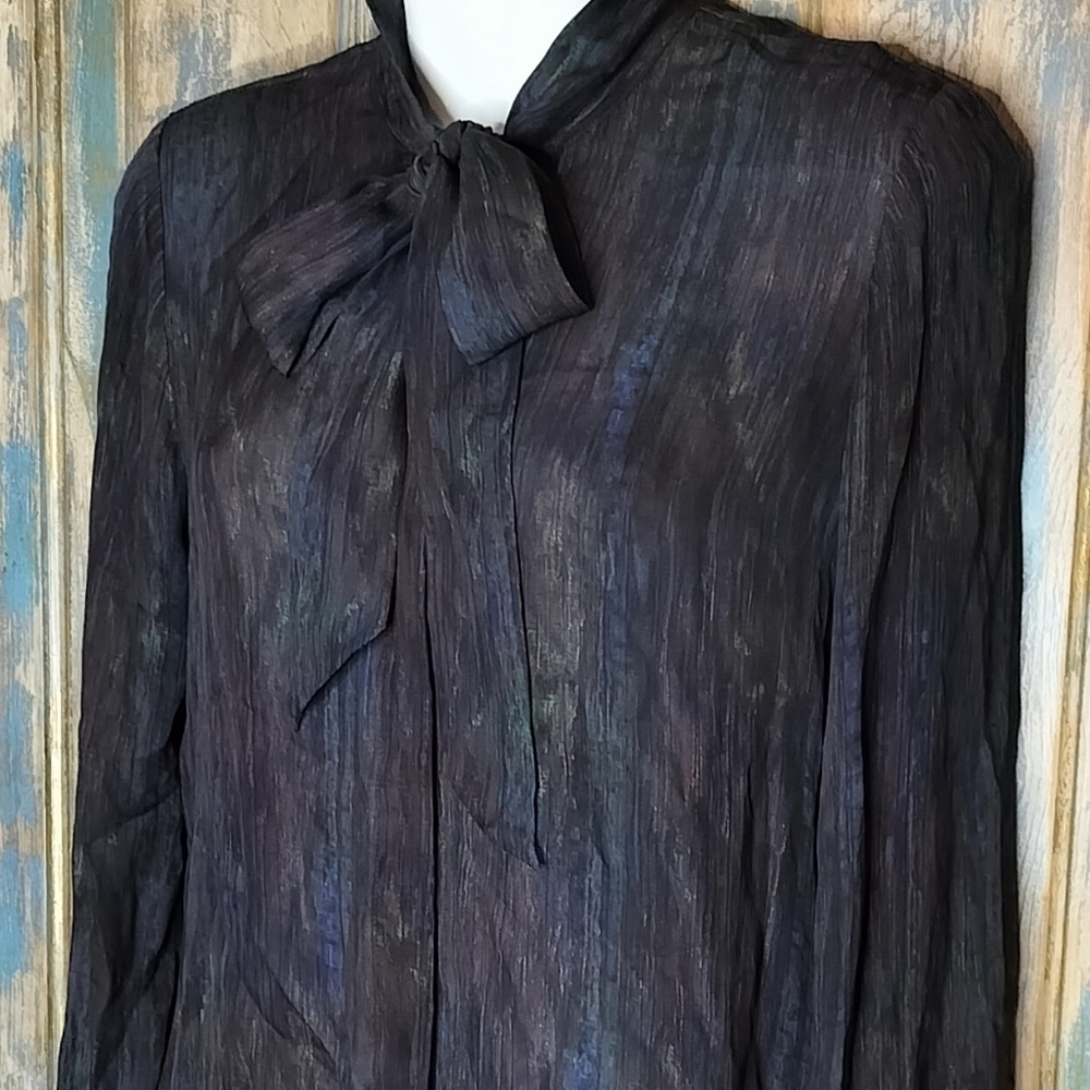 Theory 100% Silk Sheer Tie Neck Blouse Striated Pattern S